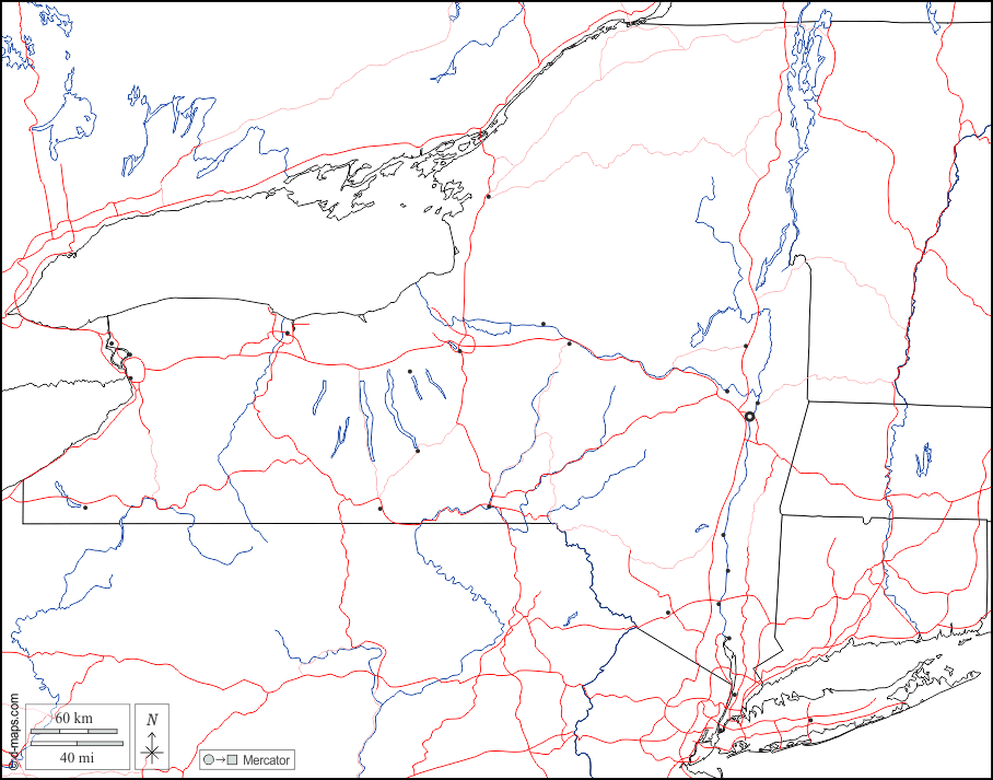 New York : d-maps.com: mappa gratuita, mappa muta gratuita, cartina muta gratuita : frontiere, idrografia, principali città, strade, bianco