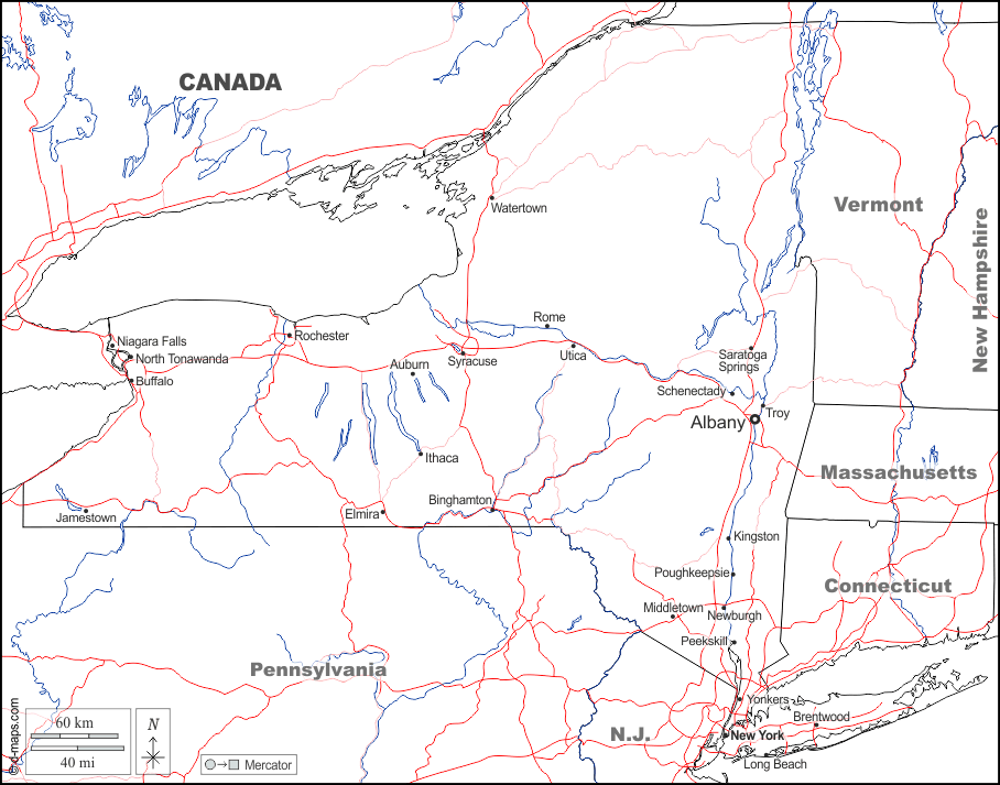 New York : d-maps.com: mappa gratuita, mappa muta gratuita, cartina muta gratuita : frontiere, idrografia, principali città, strade, nomi, bianco