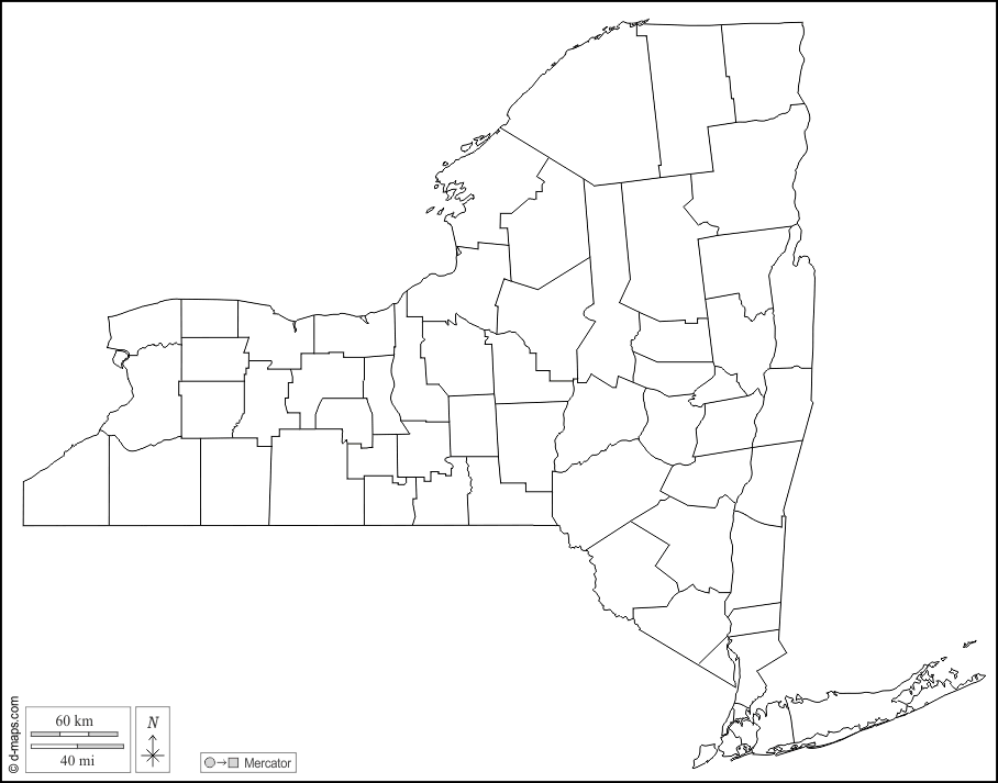 New York : d-maps.com: mappa gratuita, mappa muta gratuita, cartina muta gratuita : contorni, contee, bianco
