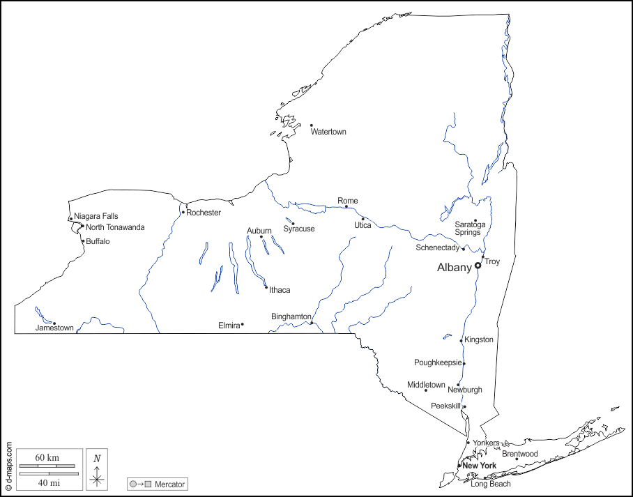 New York : d-maps.com: mappa gratuita, mappa muta gratuita, cartina muta gratuita : contorni, idrografia, principali città, nomi, bianco