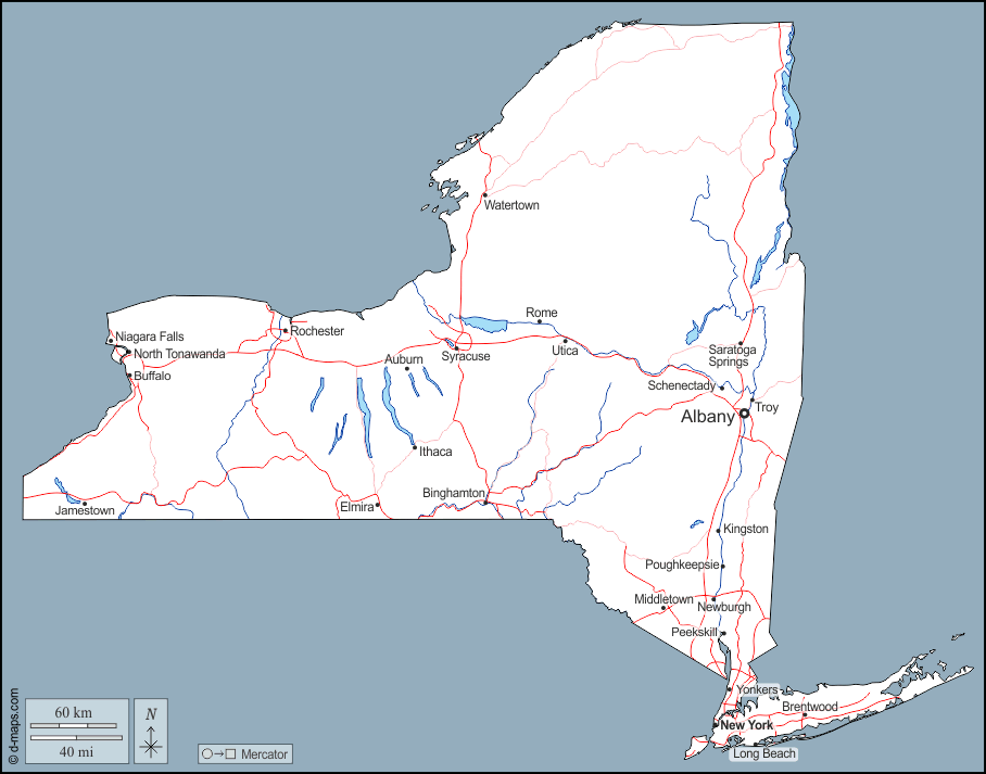 New York : d-maps.com: mappa gratuita, mappa muta gratuita, cartina muta gratuita : contorni, idrografia, principali città, strade, nomi