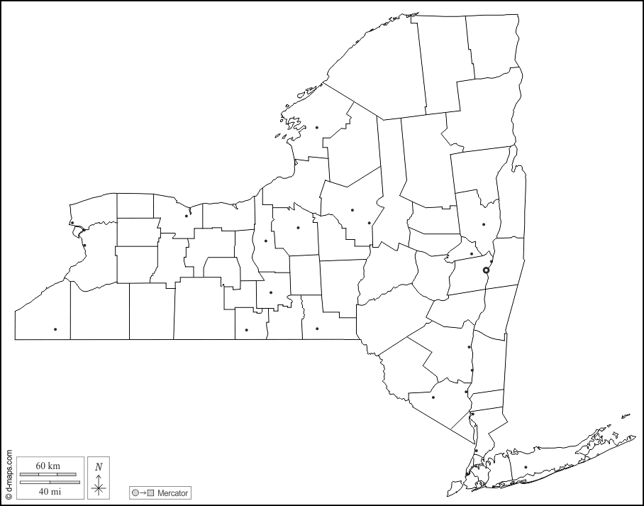 New York : d-maps.com: mappa gratuita, mappa muta gratuita, cartina muta gratuita : contorni, contee, principali città, bianco