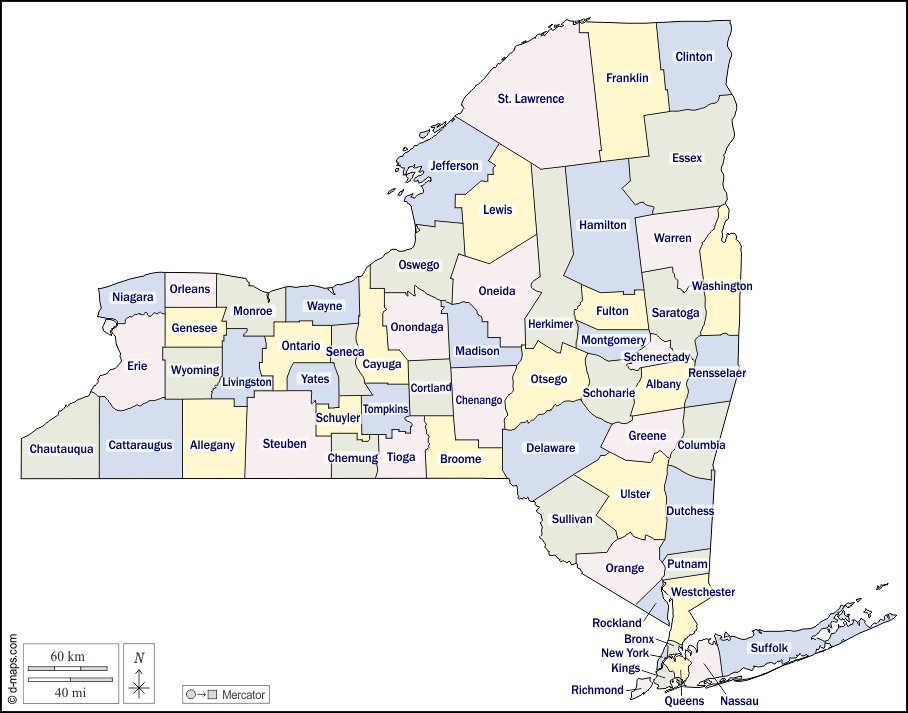 New York : d-maps.com: mappa gratuita, mappa muta gratuita, cartina muta gratuita : contorni, contee, nomi, colore, bianco