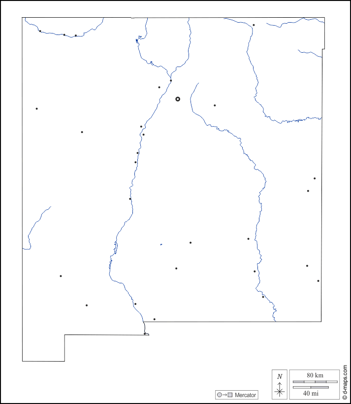 Nuovo Messico : d-maps.com: mappa gratuita, mappa muta gratuita, cartina muta gratuita : contorni, idrografia, principali città, bianco