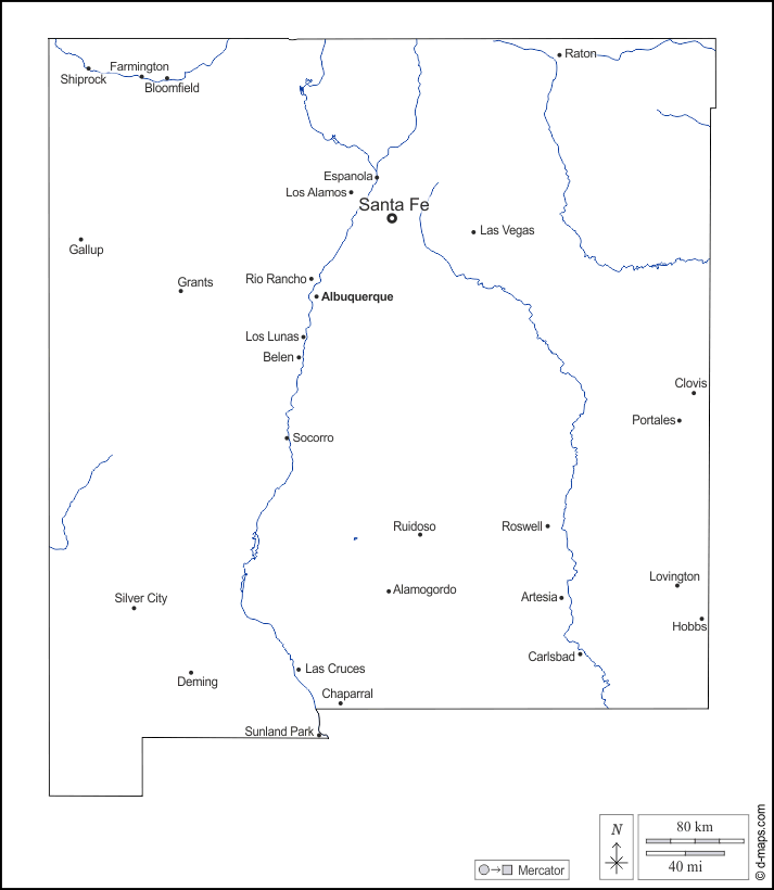 Nuovo Messico : d-maps.com: mappa gratuita, mappa muta gratuita, cartina muta gratuita : contorni, idrografia, principali città, nomi, bianco