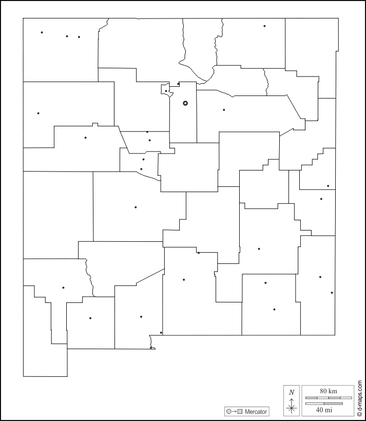Nuovo Messico : d-maps.com: mappa gratuita, mappa muta gratuita, cartina muta gratuita : contorni, contee, principali città, bianco