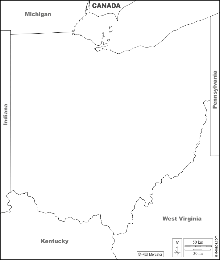 Ohio : d-maps.com: mappa gratuita, mappa muta gratuita, cartina muta gratuita : frontiere, nomi, bianco