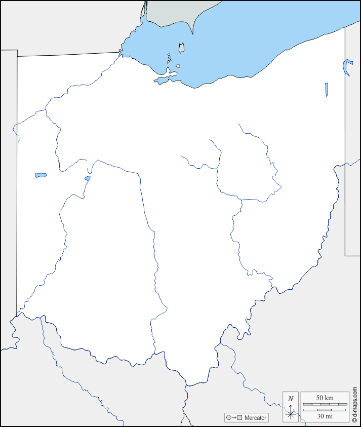 Ohio : d-maps.com: mappa gratuita, mappa muta gratuita, cartina muta gratuita : frontiere, idrografia