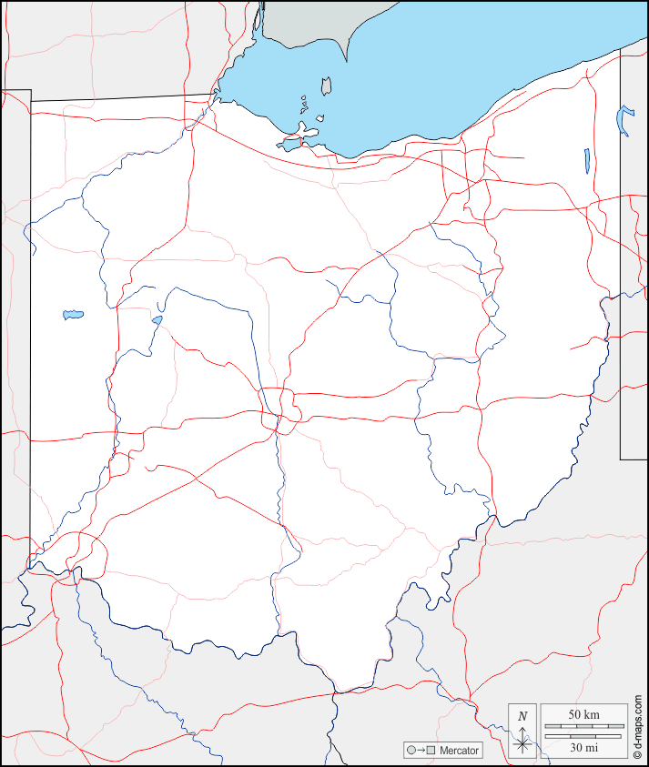 Ohio : d-maps.com: mappa gratuita, mappa muta gratuita, cartina muta gratuita : frontiere, idrografia, strade