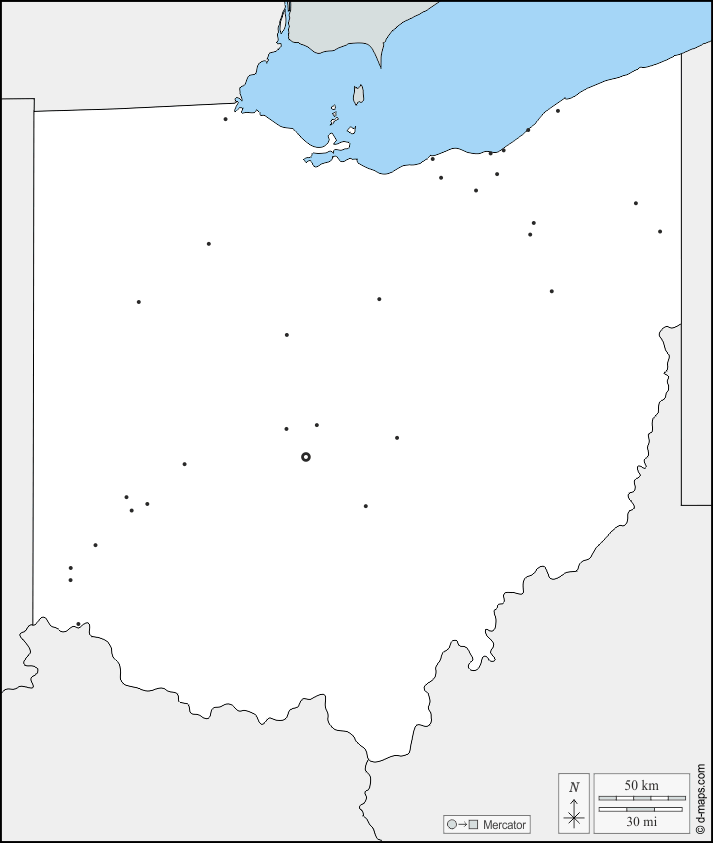 Ohio : d-maps.com: mappa gratuita, mappa muta gratuita, cartina muta gratuita : frontiere, principali città