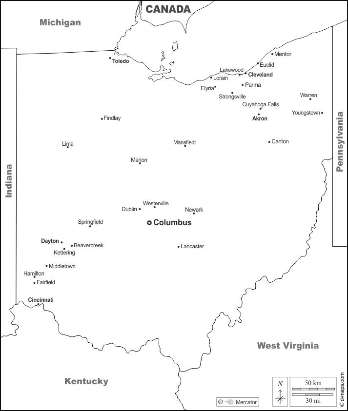 Ohio : d-maps.com: mappa gratuita, mappa muta gratuita, cartina muta gratuita : frontiere, principali città, nomi, bianco