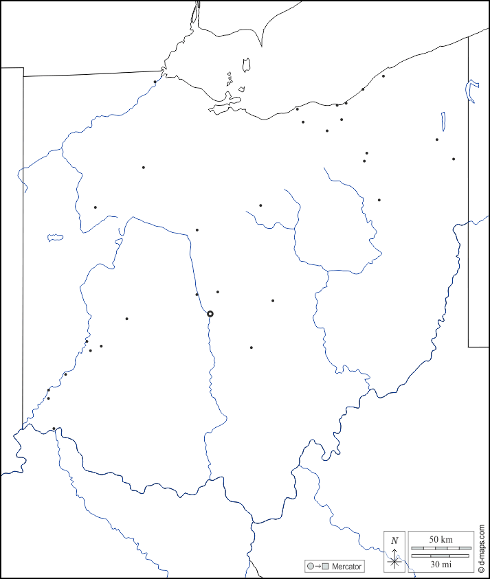 Ohio : d-maps.com: mappa gratuita, mappa muta gratuita, cartina muta gratuita : frontiere, idrografia, principali città, bianco