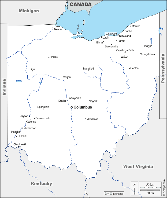 Ohio : d-maps.com: mappa gratuita, mappa muta gratuita, cartina muta gratuita : frontiere, idrografia, principali città, nomi