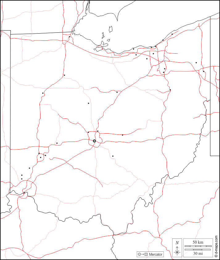 Ohio : d-maps.com: mappa gratuita, mappa muta gratuita, cartina muta gratuita : frontiere, principali città, strade, bianco