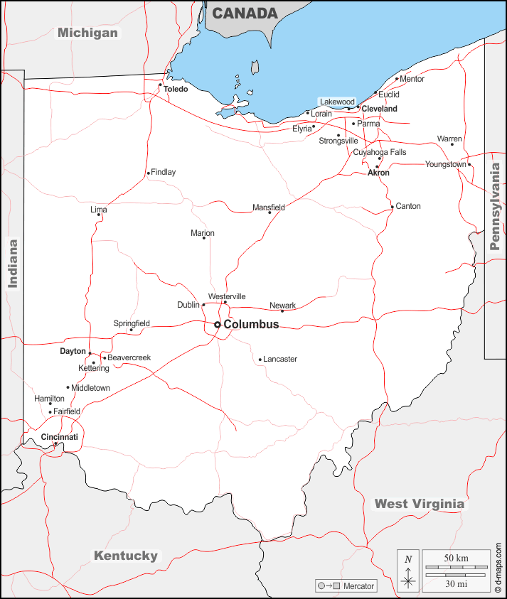 Ohio : d-maps.com: mappa gratuita, mappa muta gratuita, cartina muta gratuita : frontiere, principali città, strade, nomi