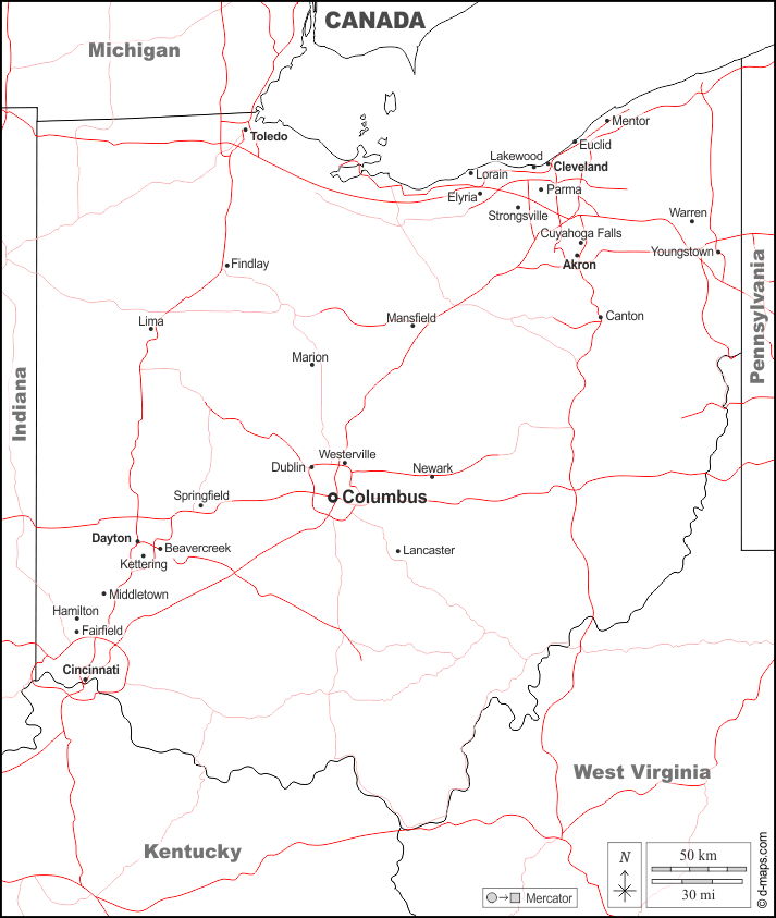 Ohio : d-maps.com: mappa gratuita, mappa muta gratuita, cartina muta gratuita : frontiere, principali città, strade, nomi, bianco