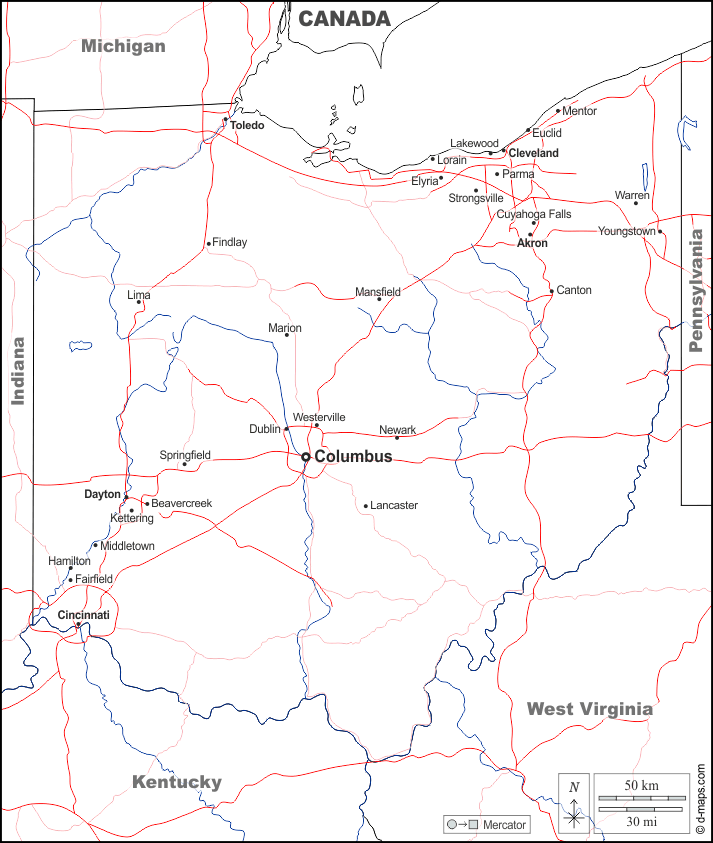 Ohio : d-maps.com: mappa gratuita, mappa muta gratuita, cartina muta gratuita : frontiere, idrografia, principali città, strade, nomi, bianco