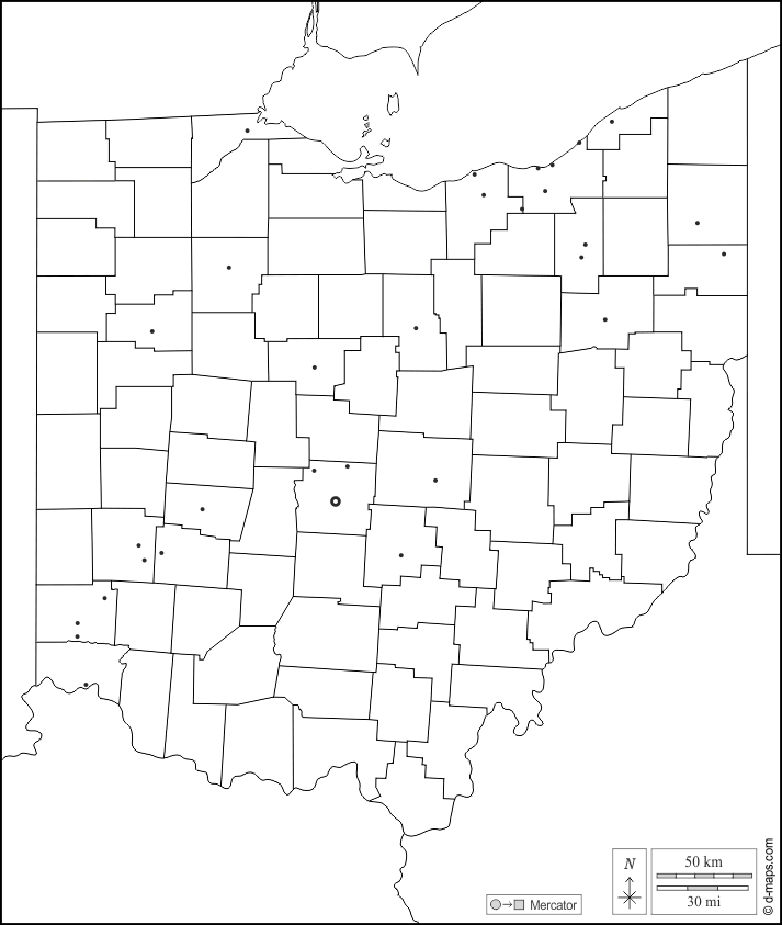 Ohio : d-maps.com: mappa gratuita, mappa muta gratuita, cartina muta gratuita : frontiere, contee, principali città, bianco