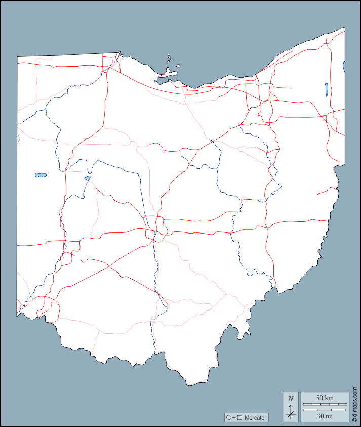 Ohio : d-maps.com: mappa gratuita, mappa muta gratuita, cartina muta gratuita : contorni, idrografia, strade
