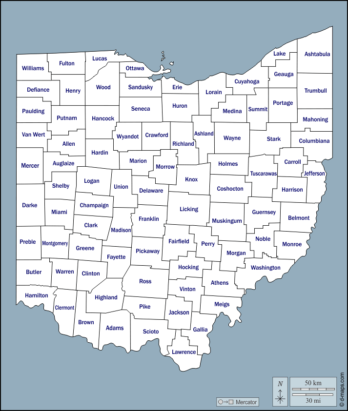 Ohio : d-maps.com: free map, free blank map, free outline map, free base map : outline, counties, names