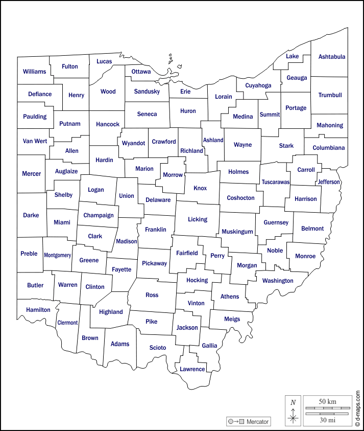 Ohio : d-maps.com: mappa gratuita, mappa muta gratuita, cartina muta gratuita : contorni, contee, nomi, bianco