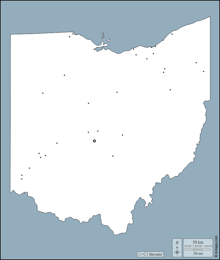 Ohio : d-maps.com: mappa gratuita, mappa muta gratuita, cartina muta gratuita : contorni, principali città