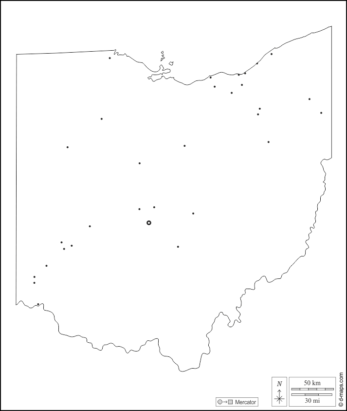 Ohio : d-maps.com: mappa gratuita, mappa muta gratuita, cartina muta gratuita : contorni, principali città, bianco