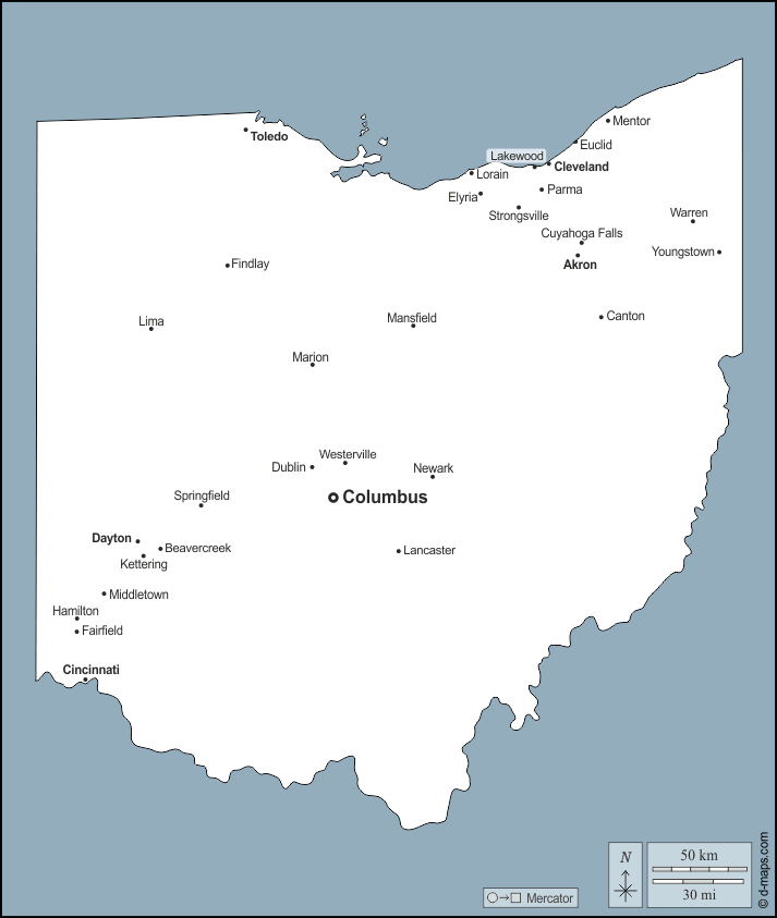 Ohio : d-maps.com: mappa gratuita, mappa muta gratuita, cartina muta gratuita : contorni, principali città, nomi