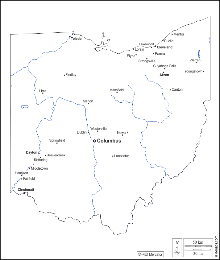 Ohio : d-maps.com: mappa gratuita, mappa muta gratuita, cartina muta gratuita : contorni, idrografia, principali città, nomi, bianco