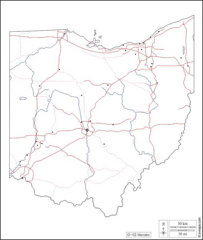 Ohio : d-maps.com: mappa gratuita, mappa muta gratuita, cartina muta gratuita : contorni, idrografia, principali città, strade, bianco