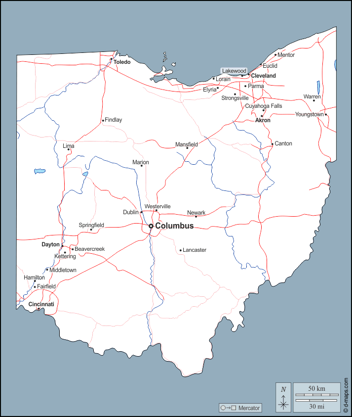 Ohio : d-maps.com: mappa gratuita, mappa muta gratuita, cartina muta gratuita : contorni, idrografia, principali città, strade, nomi