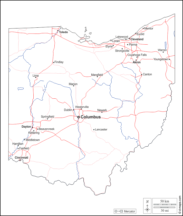 Ohio : d-maps.com: mappa gratuita, mappa muta gratuita, cartina muta gratuita : contorni, idrografia, principali città, strade, nomi, bianco