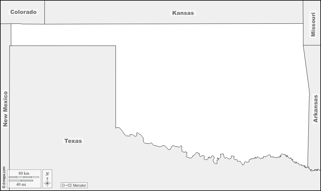 Oklahoma : d-maps.com: mappa gratuita, mappa muta gratuita, cartina muta gratuita : frontiere, nomi