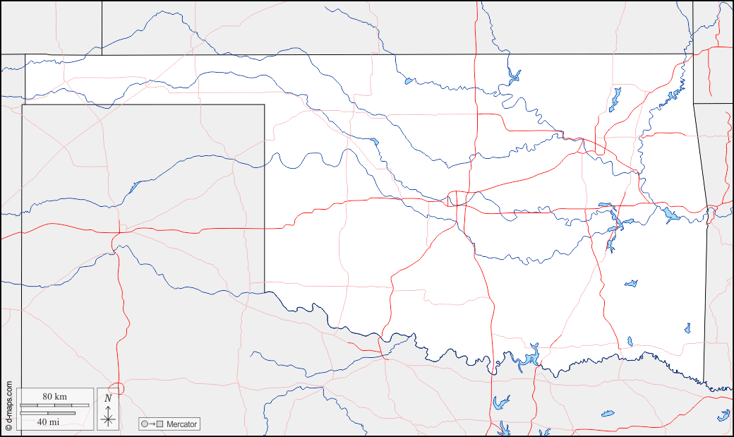 Oklahoma : d-maps.com: mappa gratuita, mappa muta gratuita, cartina muta gratuita : frontiere, idrografia, strade