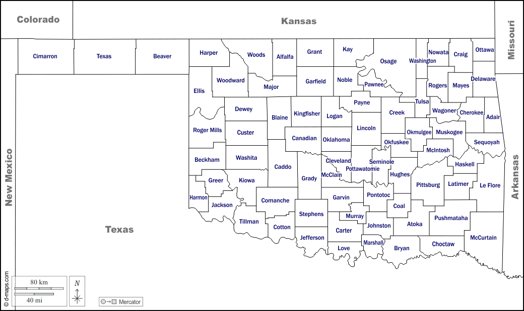 Oklahoma : d-maps.com: mappa gratuita, mappa muta gratuita, cartina muta gratuita : frontiere, contee, nomi, bianco