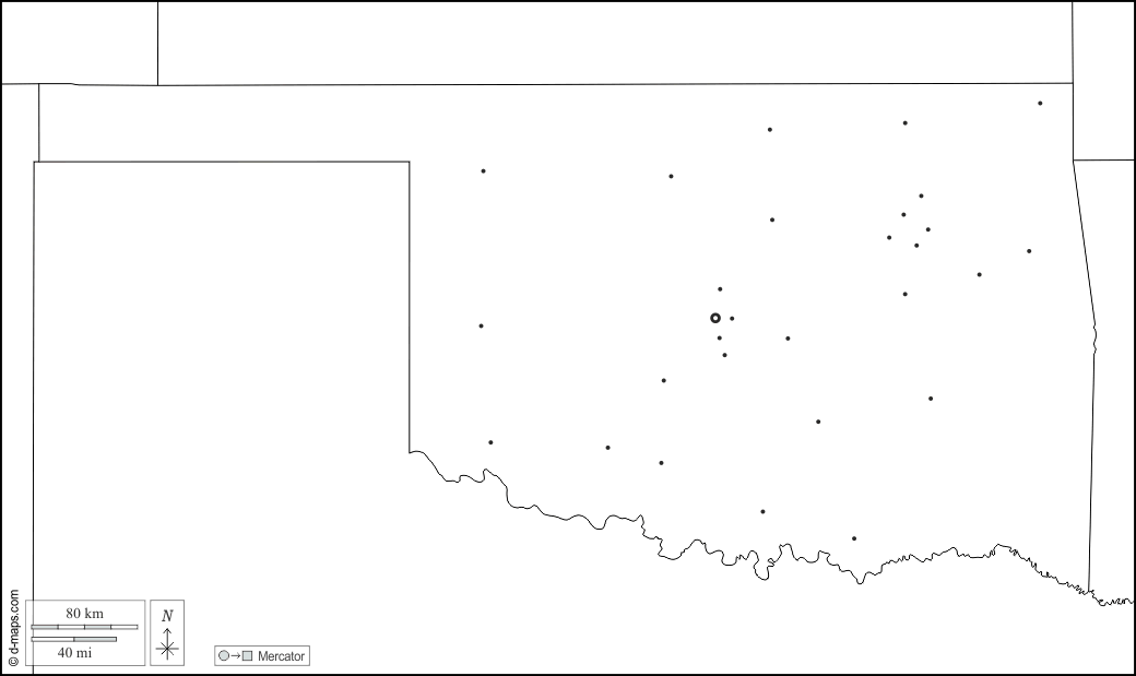 Oklahoma : d-maps.com: mappa gratuita, mappa muta gratuita, cartina muta gratuita : frontiere, principali città, bianco