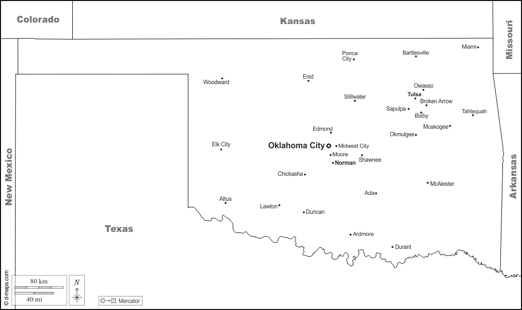 Oklahoma : d-maps.com: mappa gratuita, mappa muta gratuita, cartina muta gratuita : frontiere, principali città, nomi, bianco