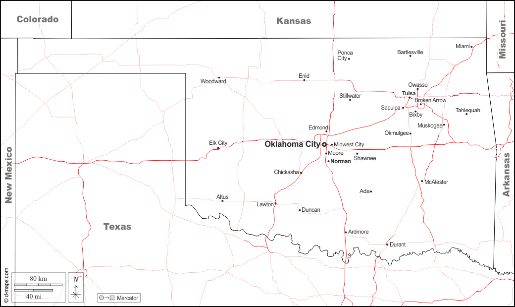 Oklahoma : d-maps.com: mappa gratuita, mappa muta gratuita, cartina muta gratuita : frontiere, principali città, strade, nomi, bianco