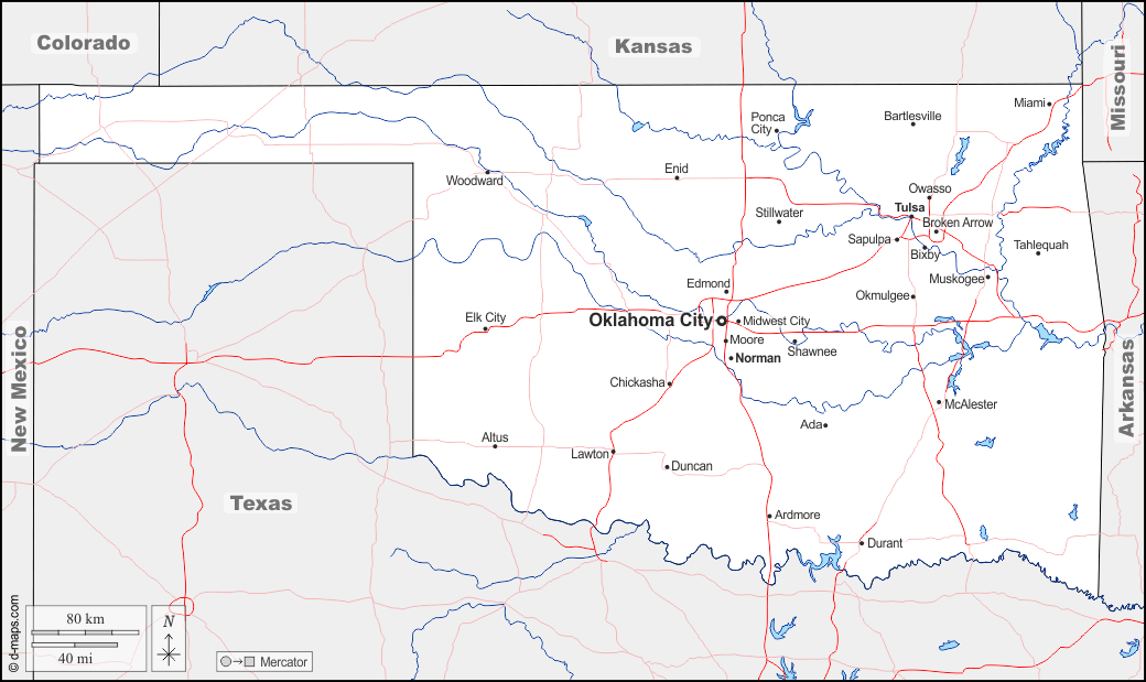 Oklahoma : d-maps.com: mappa gratuita, mappa muta gratuita, cartina muta gratuita : frontiere, idrografia, principali città, strade, nomi