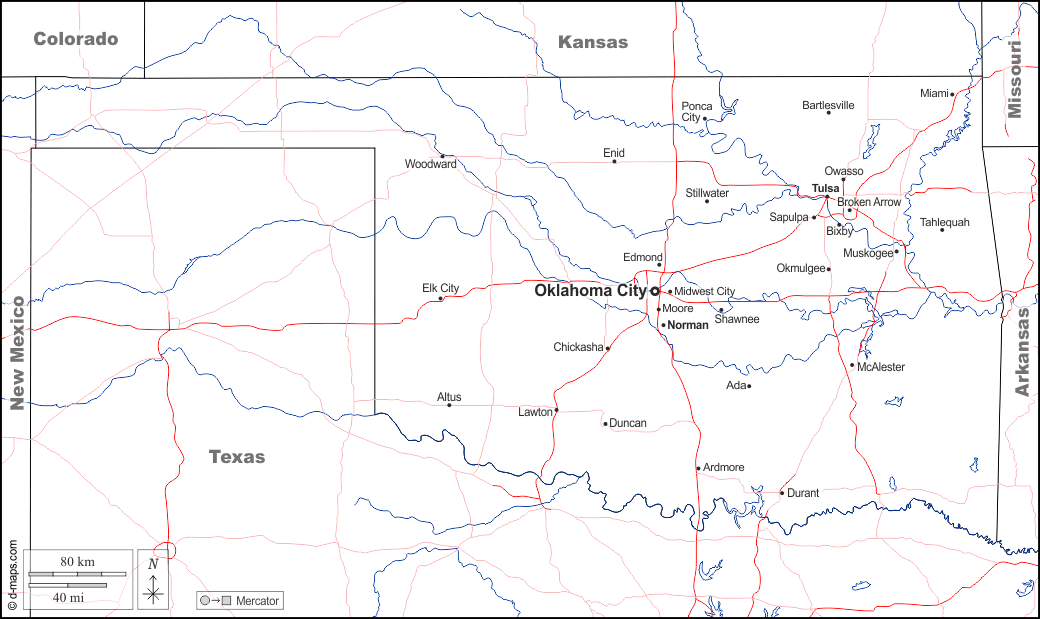 Oklahoma : d-maps.com: mappa gratuita, mappa muta gratuita, cartina muta gratuita : frontiere, idrografia, principali città, strade, nomi, bianco
