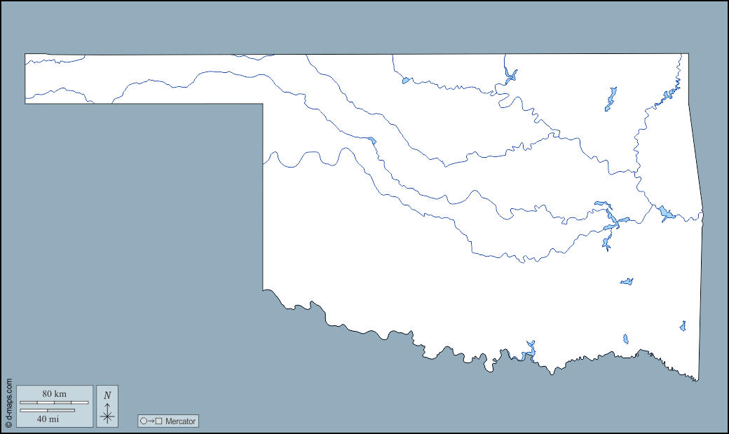 Oklahoma : d-maps.com: mappa gratuita, mappa muta gratuita, cartina muta gratuita : contorni, idrografia