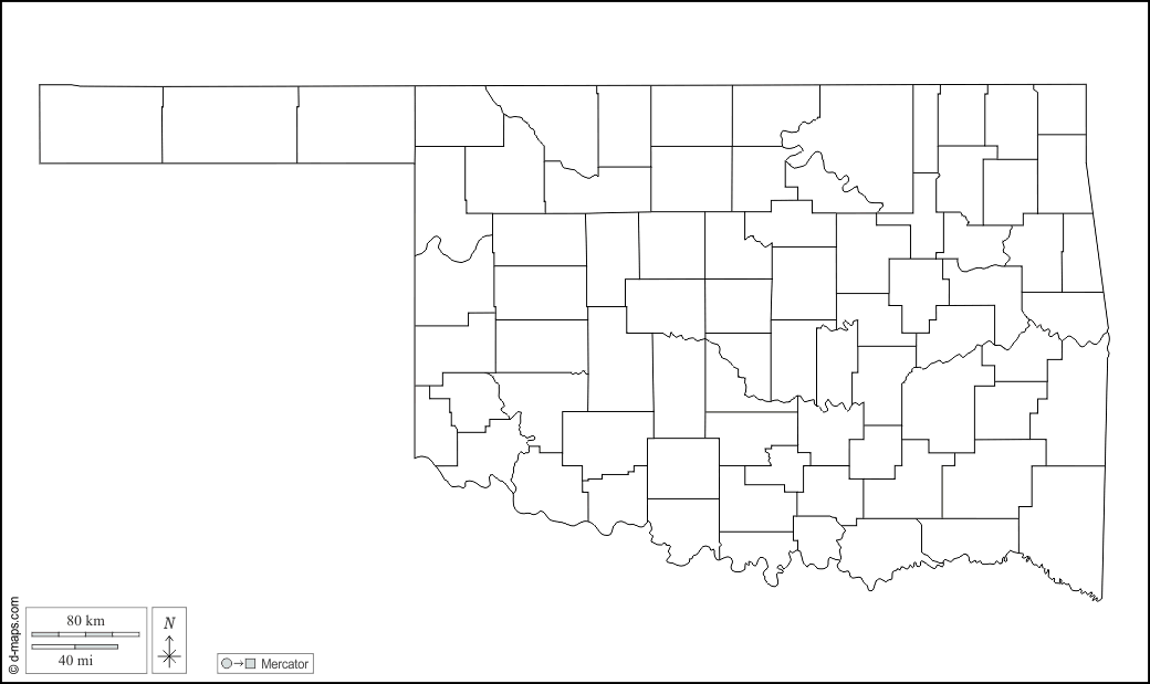 Oklahoma : d-maps.com: mappa gratuita, mappa muta gratuita, cartina muta gratuita : contorni, contee, bianco