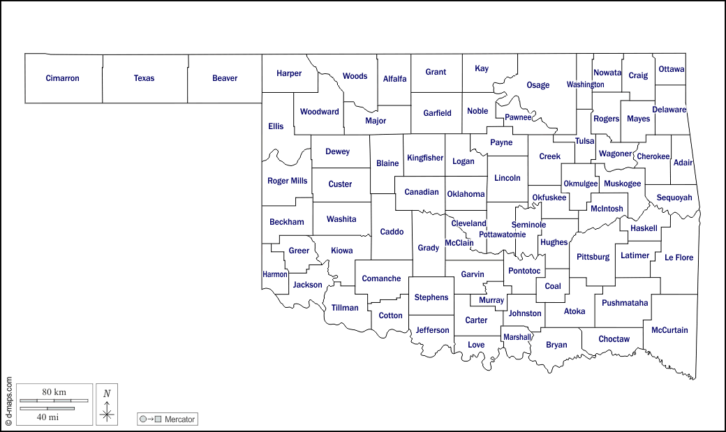 Oklahoma : d-maps.com: mappa gratuita, mappa muta gratuita, cartina muta gratuita : contorni, contee, nomi, bianco
