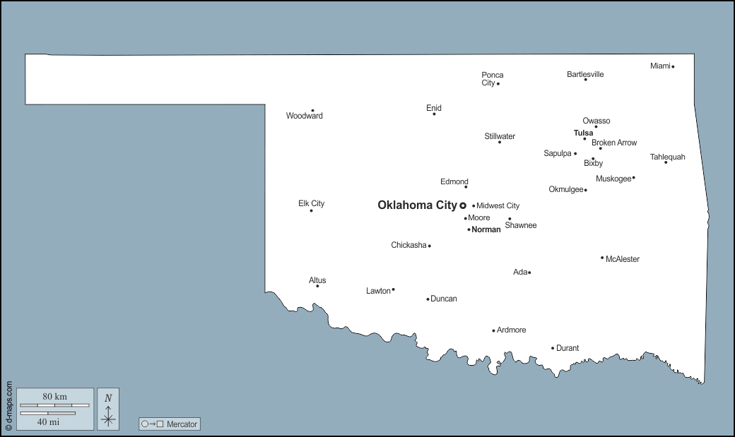 Oklahoma : d-maps.com: mappa gratuita, mappa muta gratuita, cartina muta gratuita : contorni, principali città, nomi