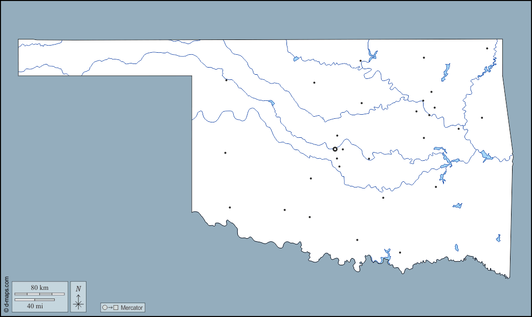 Oklahoma : d-maps.com: mappa gratuita, mappa muta gratuita, cartina muta gratuita : contorni, idrografia, principali città