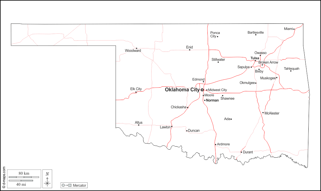Oklahoma : d-maps.com: mappa gratuita, mappa muta gratuita, cartina muta gratuita : contorni, principali città, strade, nomi, bianco