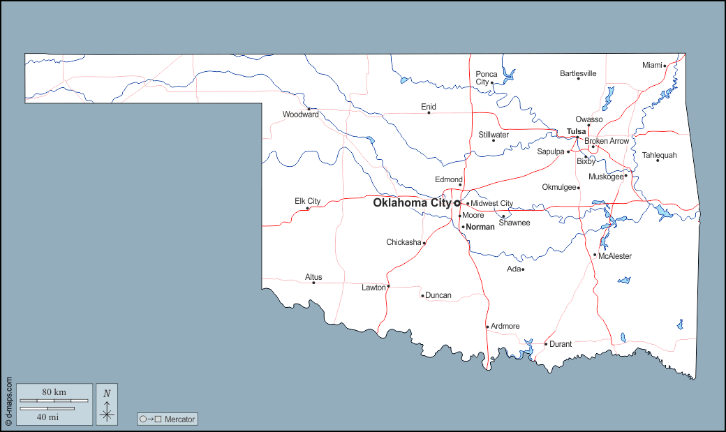 Oklahoma : d-maps.com: mappa gratuita, mappa muta gratuita, cartina muta gratuita : contorni, idrografia, principali città, strade, nomi