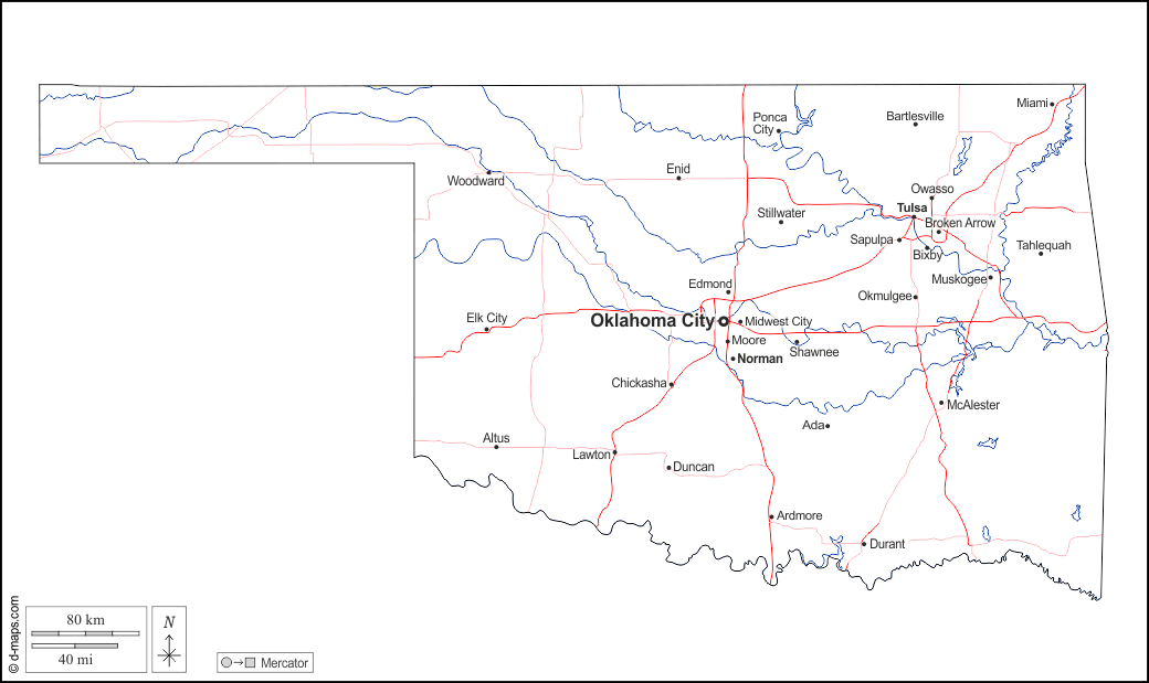 Oklahoma : d-maps.com: mappa gratuita, mappa muta gratuita, cartina muta gratuita : contorni, idrografia, principali città, strade, nomi, bianco