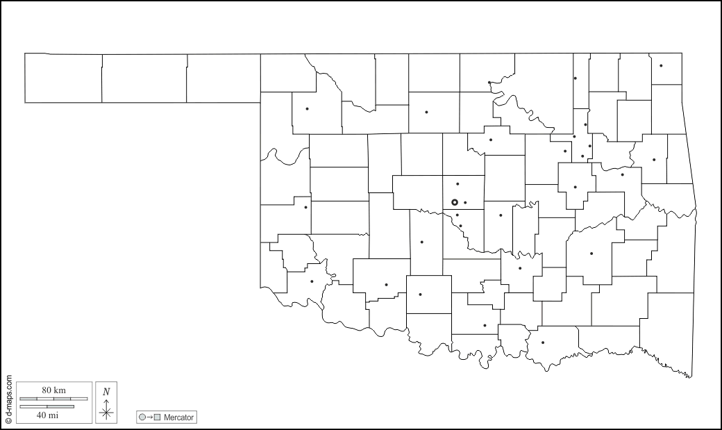Oklahoma : d-maps.com: mappa gratuita, mappa muta gratuita, cartina muta gratuita : contorni, contee, principali città, bianco