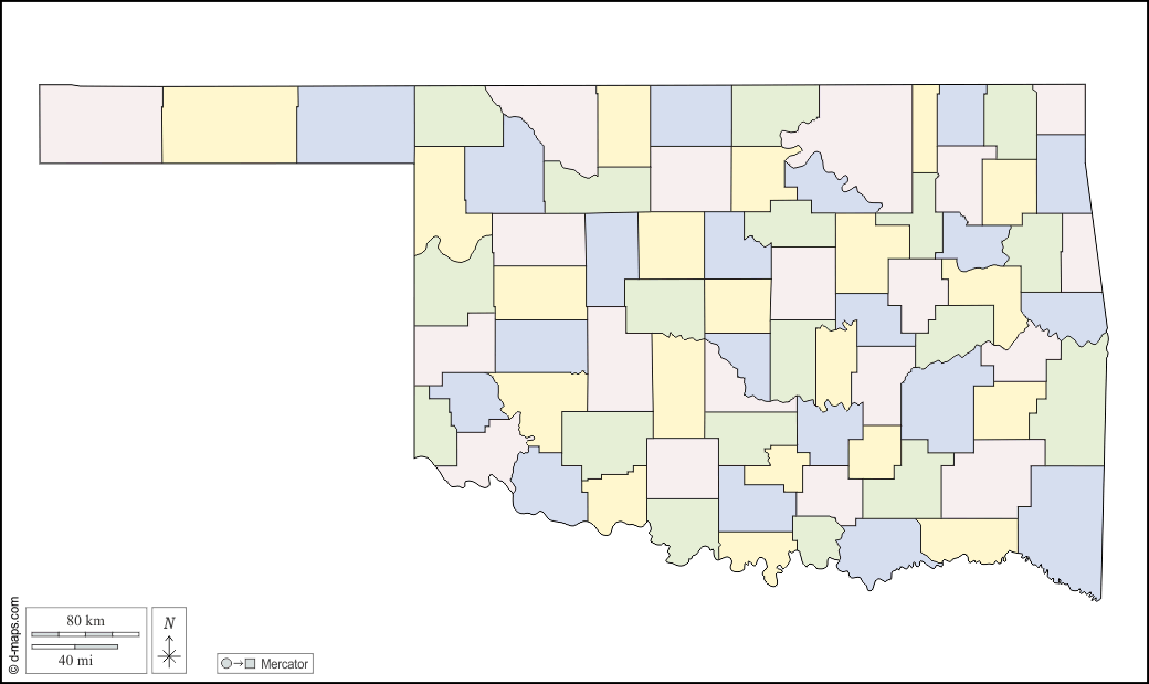 Oklahoma : d-maps.com: mappa gratuita, mappa muta gratuita, cartina muta gratuita : contorni, contee, colore, bianco